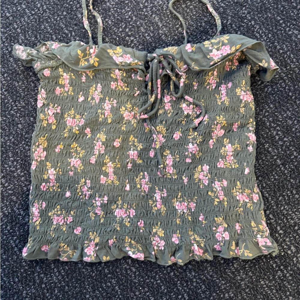 American Eagle Outfitters Pink and Green Smocked Camisole